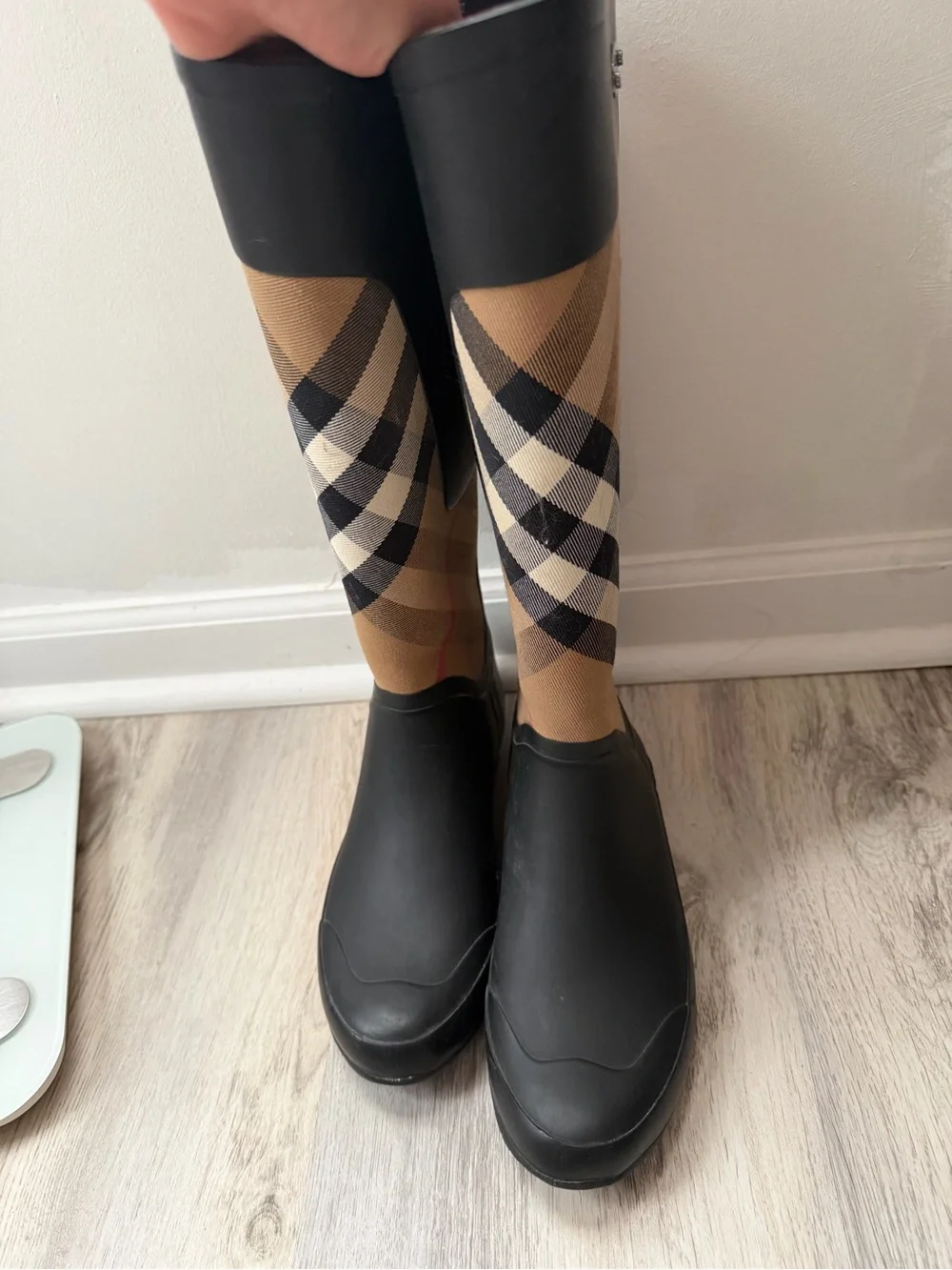 Burberry women’s Black & Beige Check Rain Boots